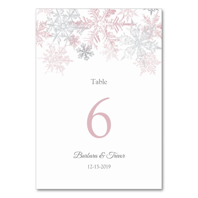 Dusty Pink & Silver Snowflakes Winterhochzeit Tischnummer (Vorderseite)