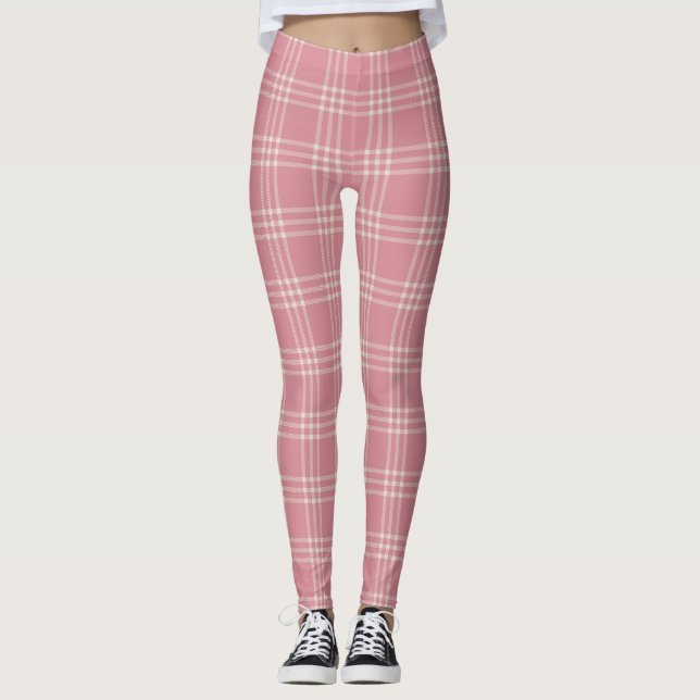 Dusty Pink Tartan Kariertes Muster Leggings (Vorderseite)