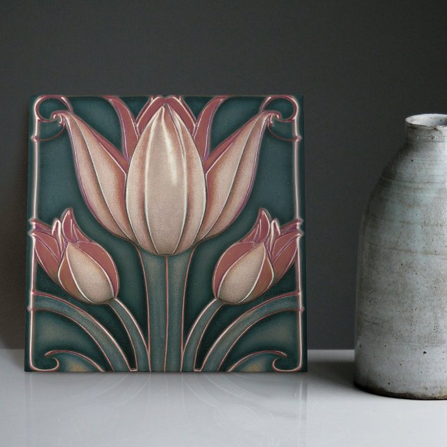 Dusty Pink Tulips auf Blue Symmetric Art Nouveau Fliese (Von Creator hochgeladen)