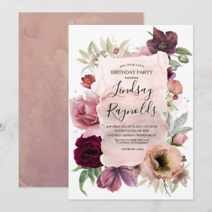 Dusty Pink und Burgund Floral Geburtstagsparty Einladung