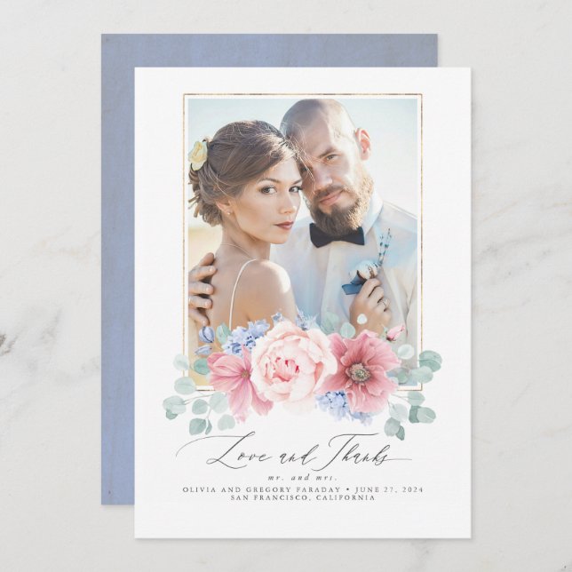 Dusty Pink und Dusty Blue Floral Wedding Vielen Da Einladung (Vorne/Hinten)