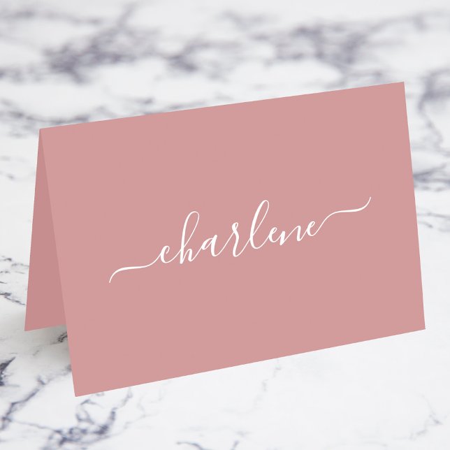 Dusty Pink und White Eleganname Platzkarten Tischnummer (Dusty Pink and White Elegant Signature Script Name Fold Your Own Place Cards)