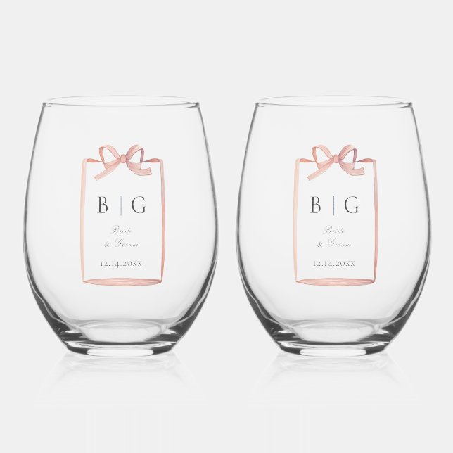 Dusty Pink Vintag Bow Stemless Weinglas Ohne Stiel (Vorderseite)
