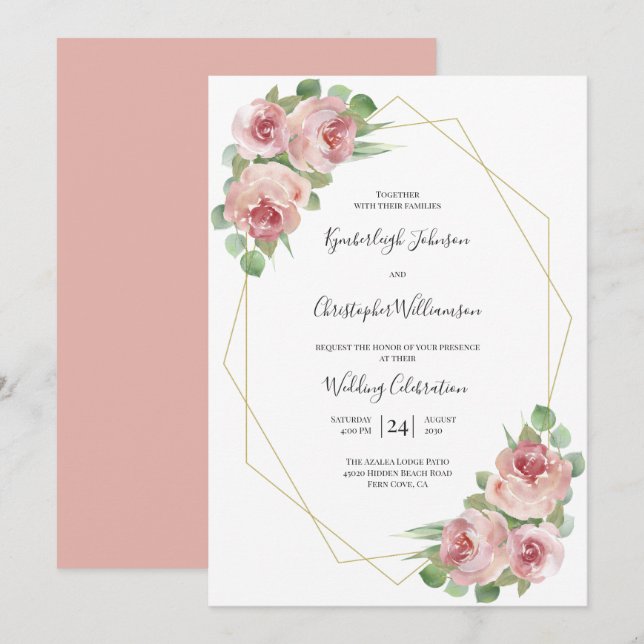Dusty Pink Watercolor Floral Geometric Wedding Einladung (Vorne/Hinten)