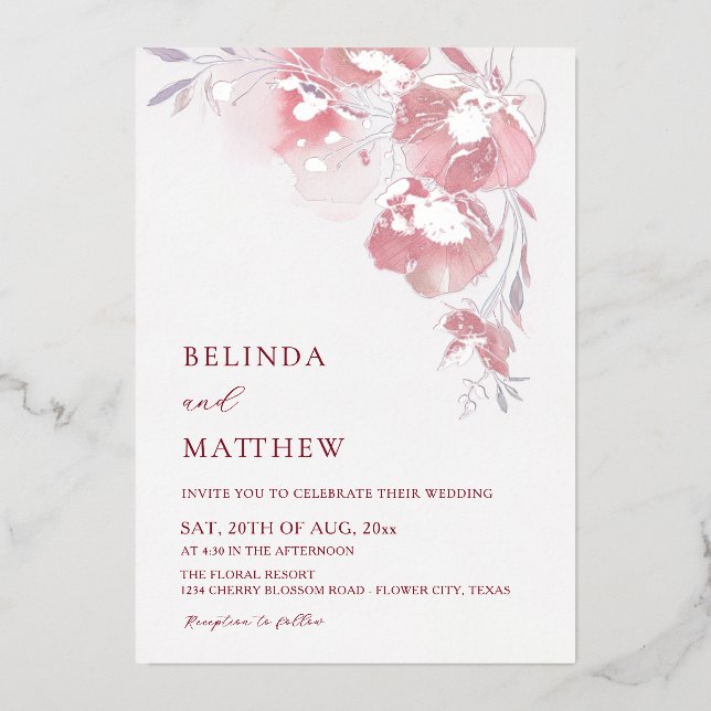 Dusty Pink Watercolor Flowers White Silver Folieneinladung (Vorderseite)