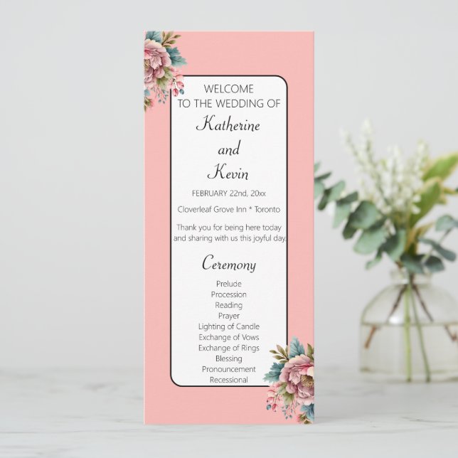 Dusty Pink White Aquamarin Floral Wedding Celebrat Programm (Stehend Vorderseite)