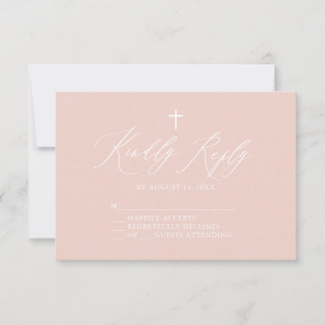 Dusty Pink White Cross Girl Taufe RSVP Karte (Vorderseite)
