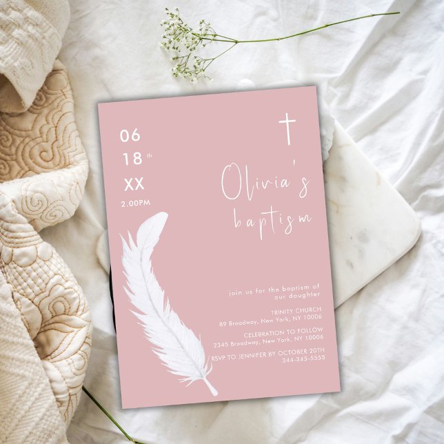 Dusty Pink White Watercolor Feather Cross Taufe Einladung (Dusty Pink White Watercolor Feather Cross Baptism Invitation)