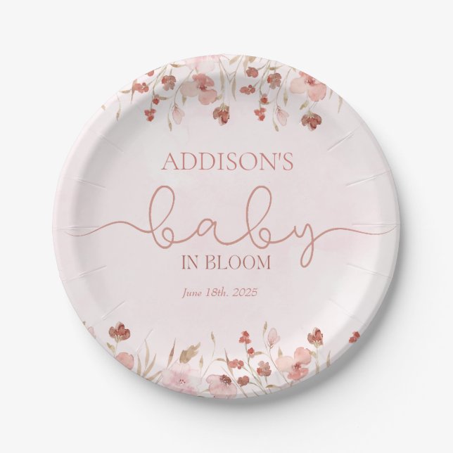 Dusty Pink Wildblume Baby in Bloom Girl Shower Pappteller (Vorderseite)