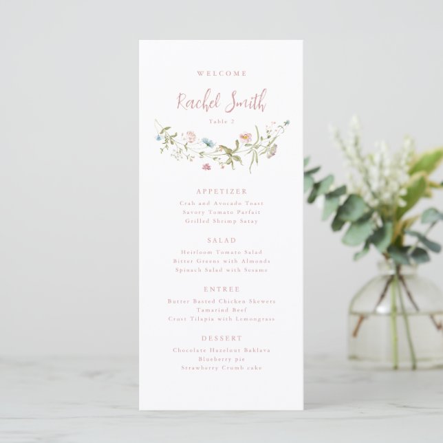 Dusty Pink Wildblume Boho Wedding Guest Name Menükarte (Stehend Vorderseite)