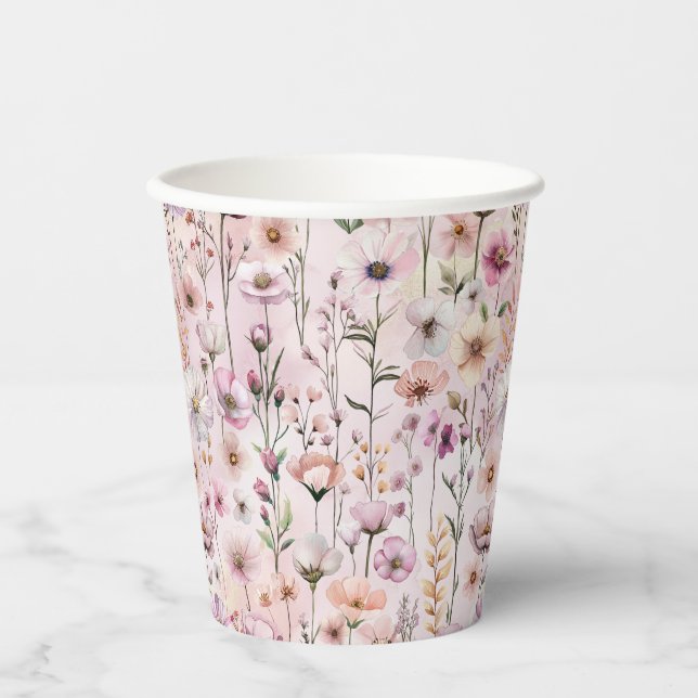 Dusty Pink Wildblume Party Cups - Boho Wasserfarbe Pappbecher (Vorderseite)