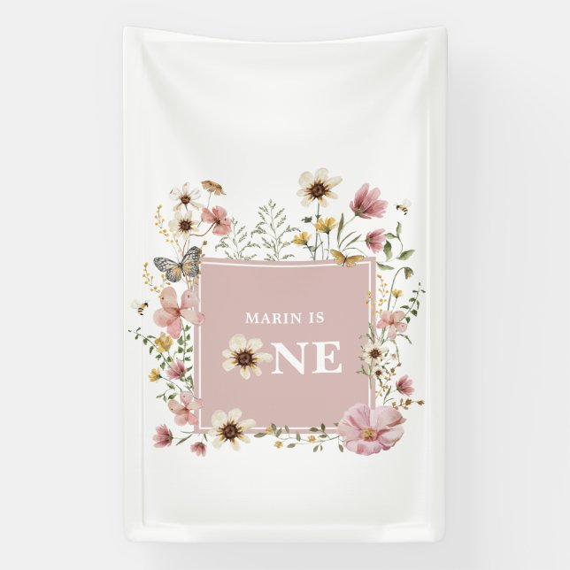Dusty Pink Wildflower Butterfly 1st Birthday Banner (Vertikal)