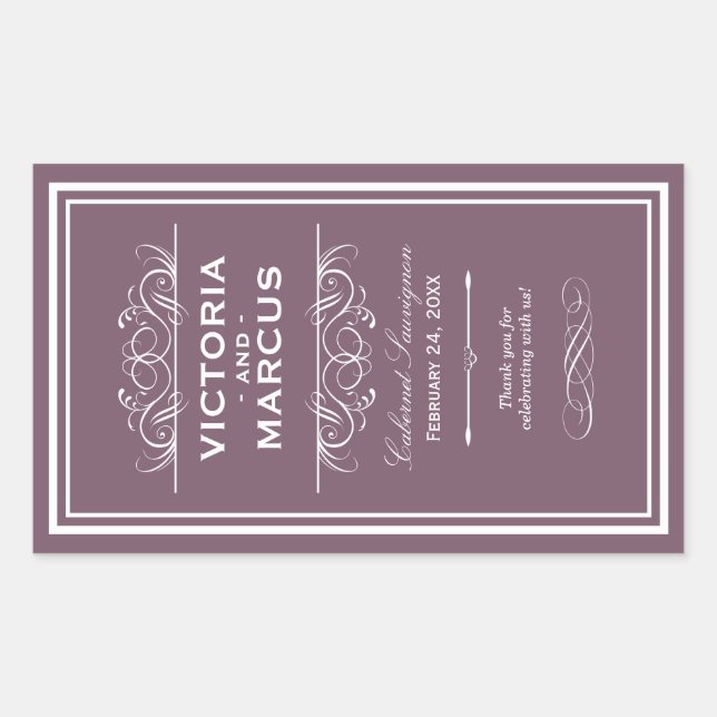 Dusty Plum Elegant Wedding Monogram Wine Flasche Rechteckiger Aufkleber (Vorderseite)