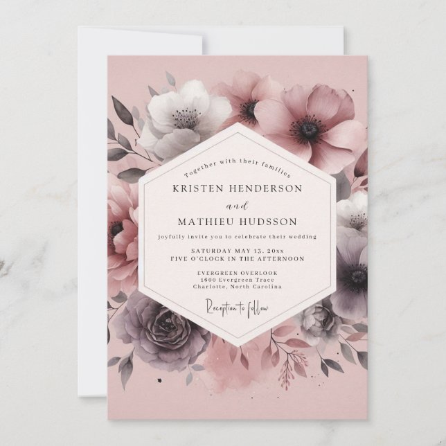 Dusty Plum Hazy Bloom Wedding Einladung (Vorderseite)