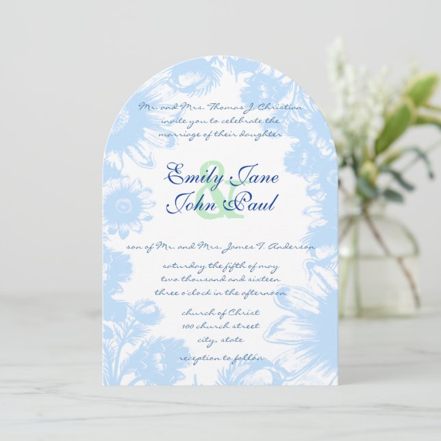 Dusty Powder Blue & Green Wedding Einladung (Stehend Vorderseite)