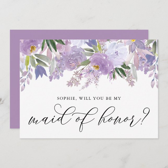 Dusty Purple Blumen werden Sie meine Trauzeugin se Einladung (Vorne/Hinten)