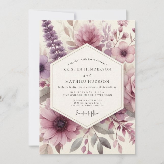 Dusty Purple Floral Romance Wedding Einladung (Vorderseite)