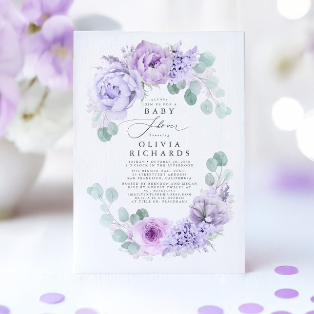 Dusty Purple Flowers Elegante Soft Baby Dusche Einladung (Purple Baby Shower Invitation)