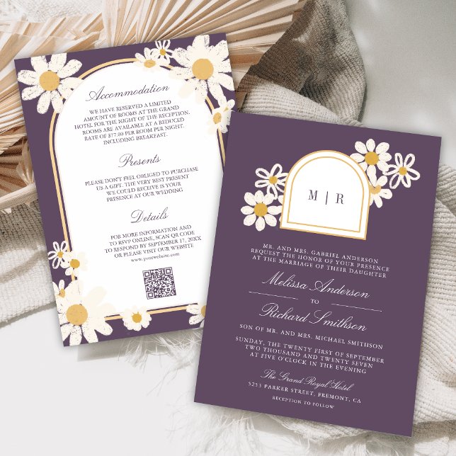 Dusty Purple Retro Yellow Daisy All in One Wedding Einladung (Von Creator hochgeladen)