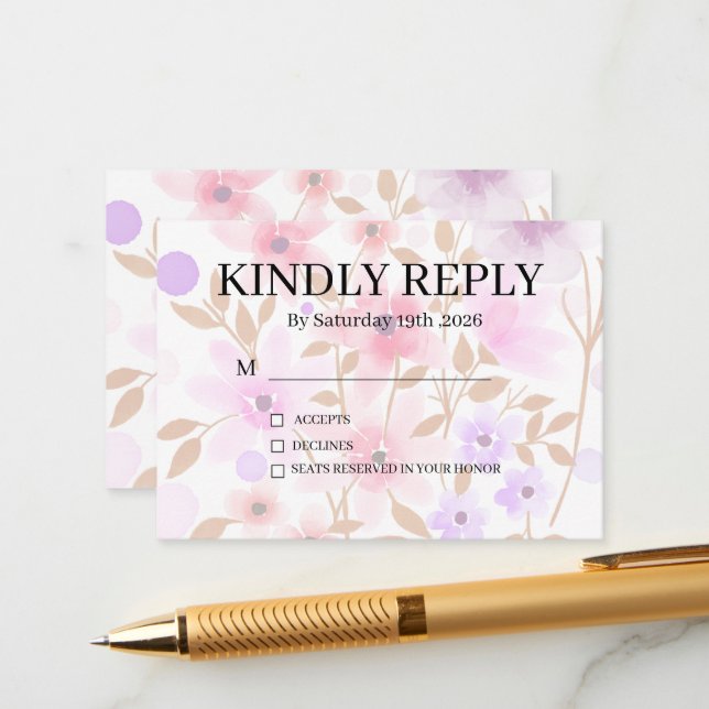 Dusty Purple Silver Gray Floral Rustic RSVP Card Begleitkarte (Vorderseite/Rückseite Beispiel)
