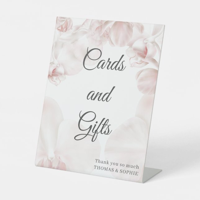 Dusty rosa Orchideenfarben Hochzeitsdetails Sockelschild (Vorderseite)