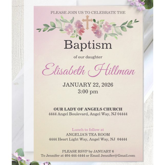 Dusty Rose & Antique Yellow Watercolor Baptism Einladung (Baby girl baptism invitation styled on soft white fabric with delicate blush florals.)