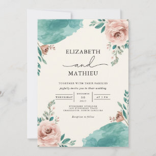 Dusty Rose Aquamarin Floral Blüh Hochzeit Einladung