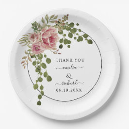 Dusty Rose Aquarell Blume Danke für Ihre Hochzeit Pappteller