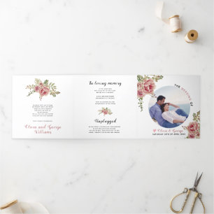 Dusty Rose Aquarell Blume grüne Blätter, Foto Dreifach-gefaltete Programmkarte