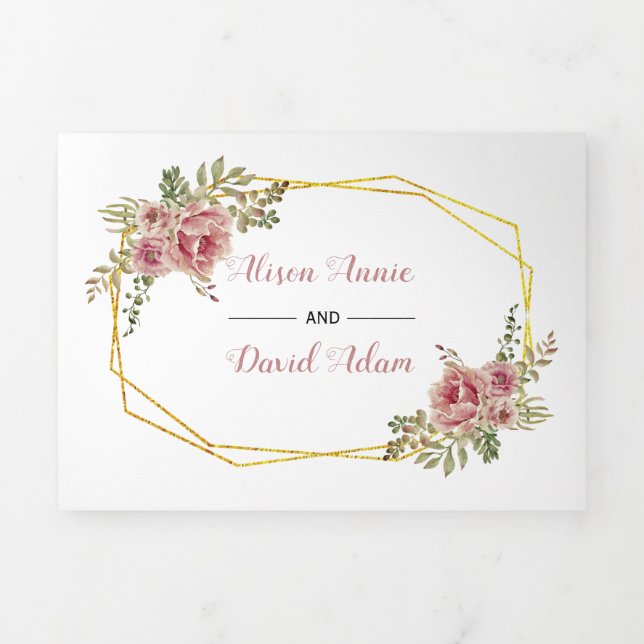 Dusty Rose Aquarell Blume Typografie Hochzeit Dreifach Gefaltete Einladung (Cover)