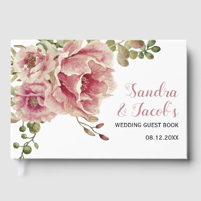 Dusty Rose Aquarell Blume, Typografie Hochzeit Gästebuch (Vorderseite)