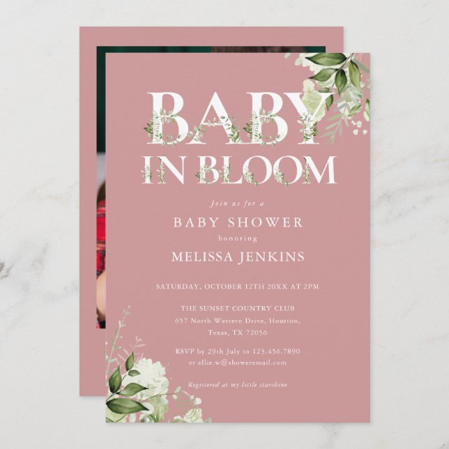 Dusty Rose Baby in Bloom Foliage Foto Babydusche Einladung (Vorne/Hinten)
