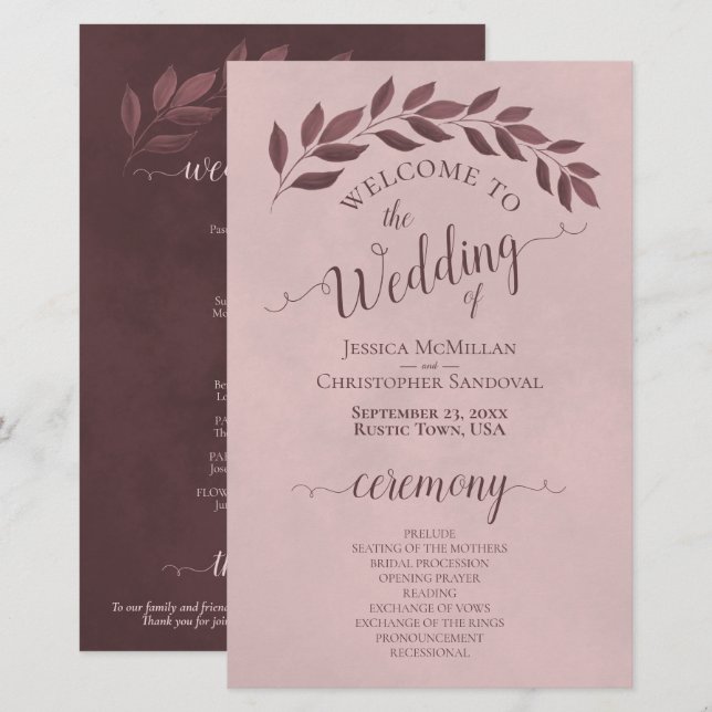 Dusty Rose Blätter Elegantes Budget Hochzeitsprogr (Vorne/Hinten)