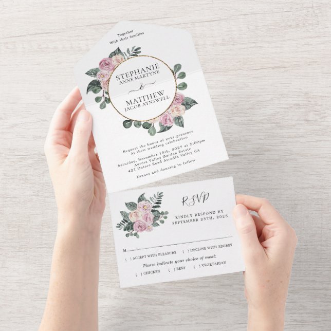 Dusty Rose Bloral Gold Circle Wedding All In One Einladung (Abreißen)
