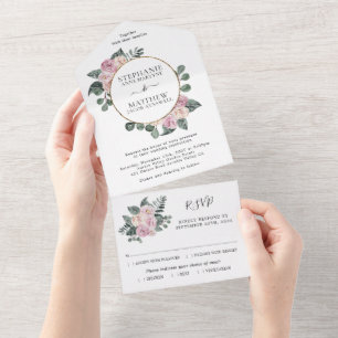 Dusty Rose Bloral Gold Circle Wedding All In One Einladung