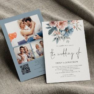 Dusty Rose & Blue Florals 3 Fotos QR Code Wedding Einladung