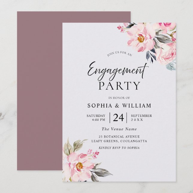 Dusty Rose Blues Blush Pink Engagement Party Einladung (Vorne/Hinten)