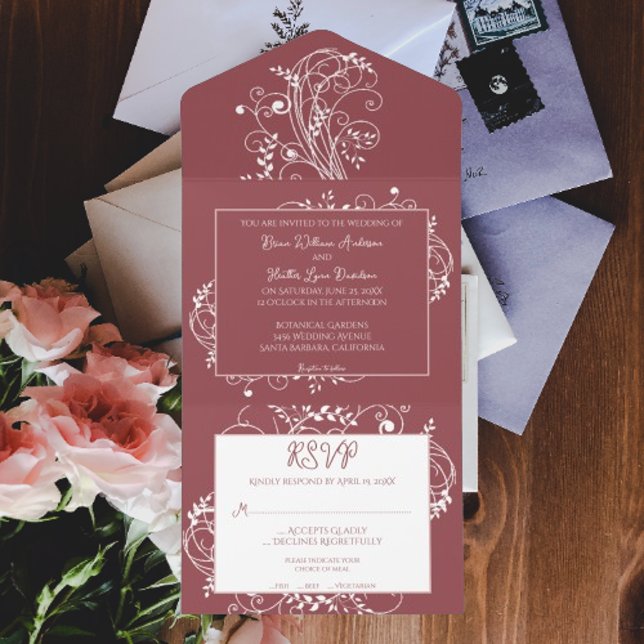 Dusty Rose Blühe Hochzeit in einer Einladung (Dusty Rose Flourish All in One Wedding Invite)