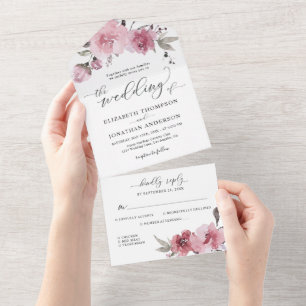 Dusty Rose Blume Blush Pink Floral Wedding RSVP All In One Einladung