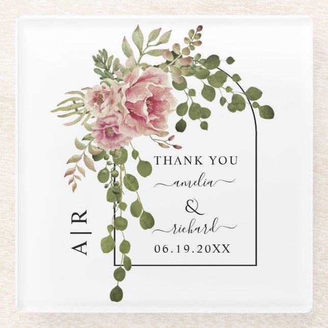 Dusty Rose Blume, Bogen und Monogramm Hochzeit Glasuntersetzer (Vorderseite)