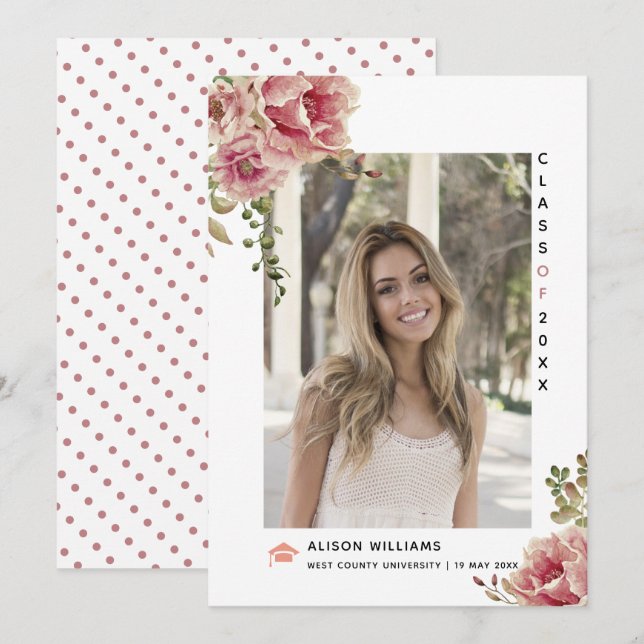 Dusty Rose Blume Klasse des 2025 Abschluss-Fotos Ankündigung (Vorne/Hinten)