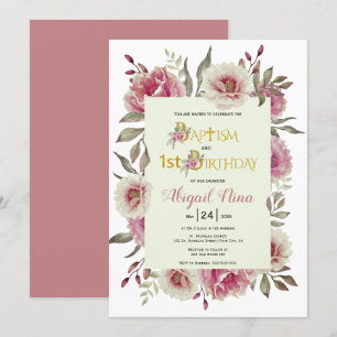 Dusty Rose Blume Mädchen Taufe und 1. Geburtstag Einladung