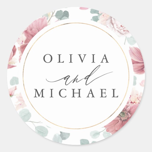 Dusty Rose Blume und Goldrahmen Elegante Hochzeit Runder Aufkleber (Vorderseite)