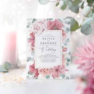 Dusty Rose Blume und Grüne Elegante Hochzeit Einladung