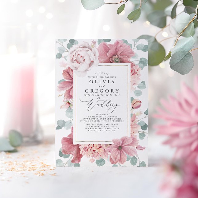 Dusty Rose Blume und Grüne Elegante Hochzeit Einladung (Dusty Pink Flowers Wedding Invitations)
