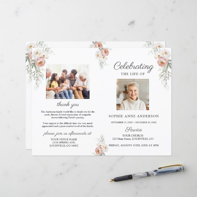 Dusty Rose Blumenbeerdigung Foto Programm (Vorderseite/Rückseite Beispiel)