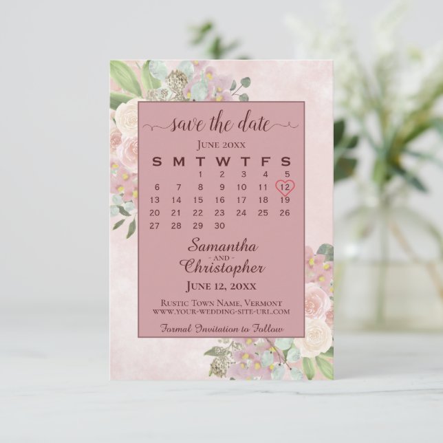 Dusty Rose Blumenkalender Save The Date (Stehend Vorderseite)
