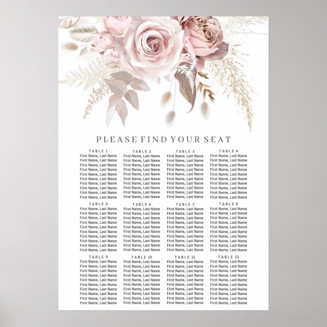 Dusty Rose Blush Bloral Wedding Chart Poster (Vorne)