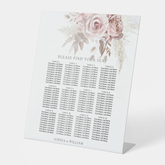 Dusty Rose Blush Bloral Wedding Chart Sockelschild (Vorderseite)