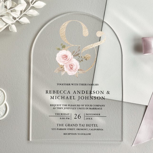 Dusty Rose Blush Floral Ampersand Wedding Acryleinladungen (Von Creator hochgeladen)